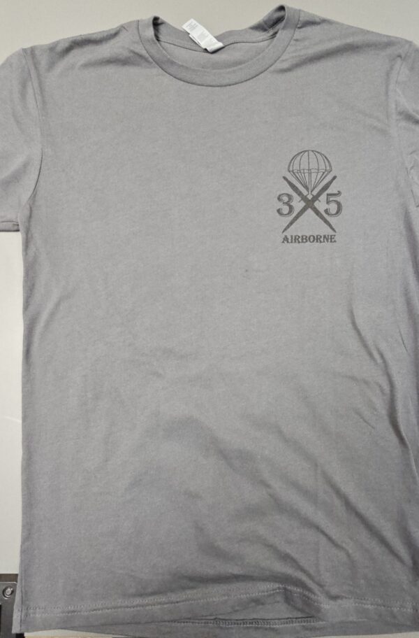 Gray t-shirt with airborne logo and text.