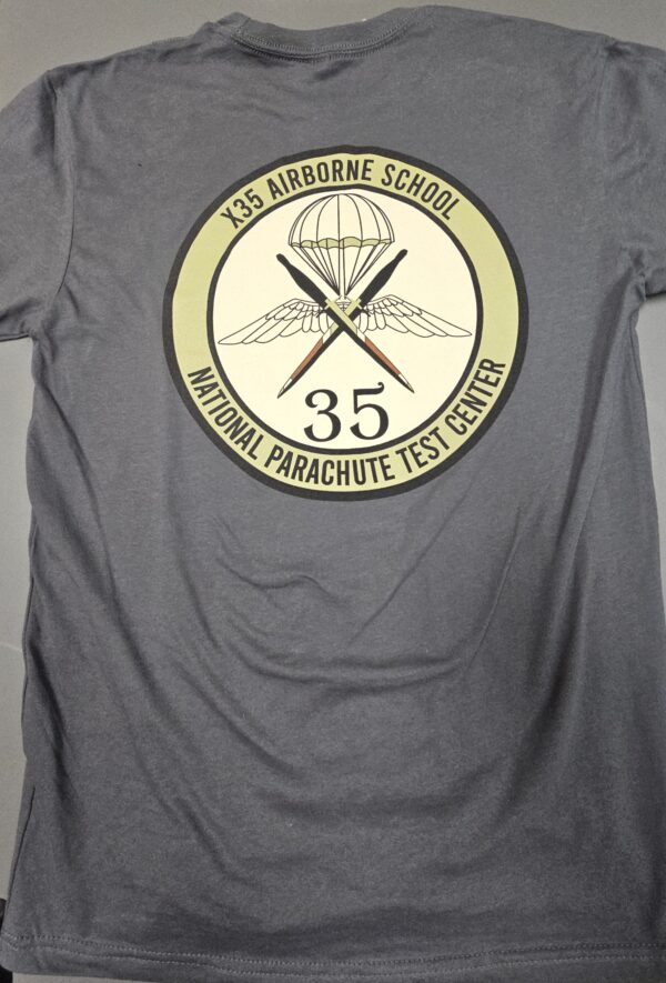 Gray t-shirt with airborne school logo.