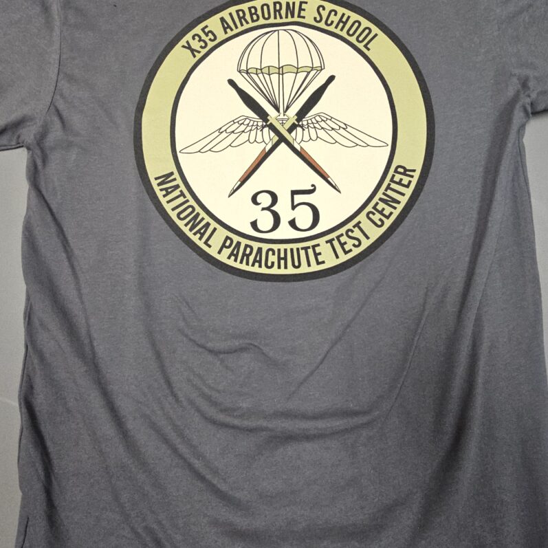 Gray t-shirt with airborne school logo.