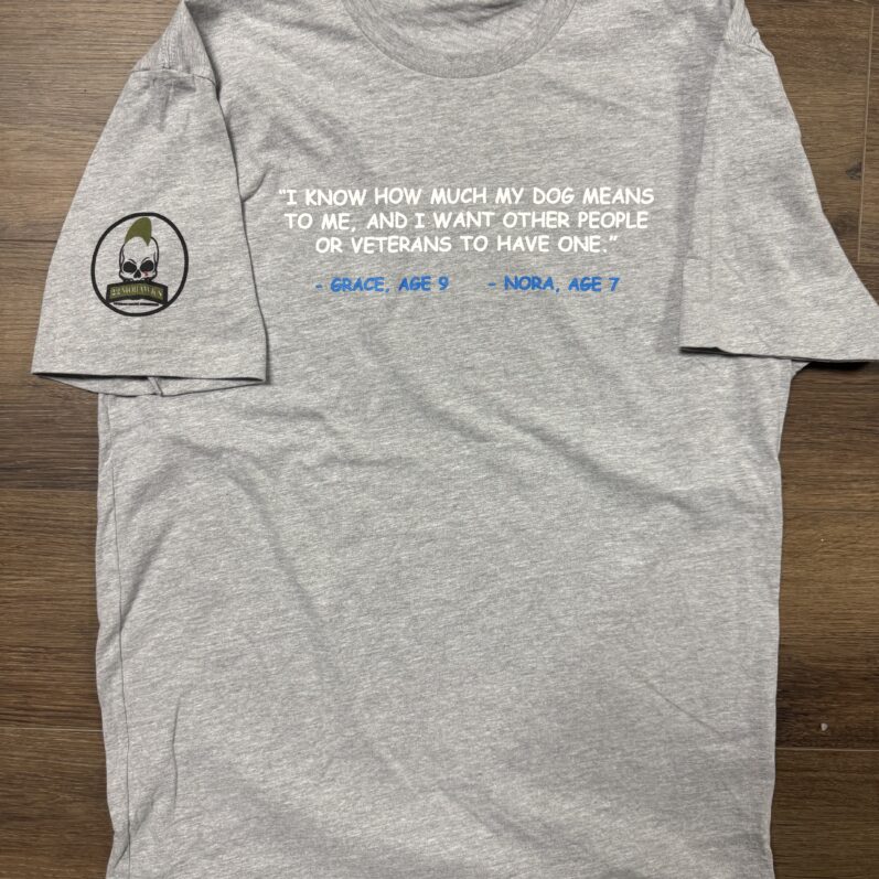 Gray t-shirt with meaningful quote about dogs.